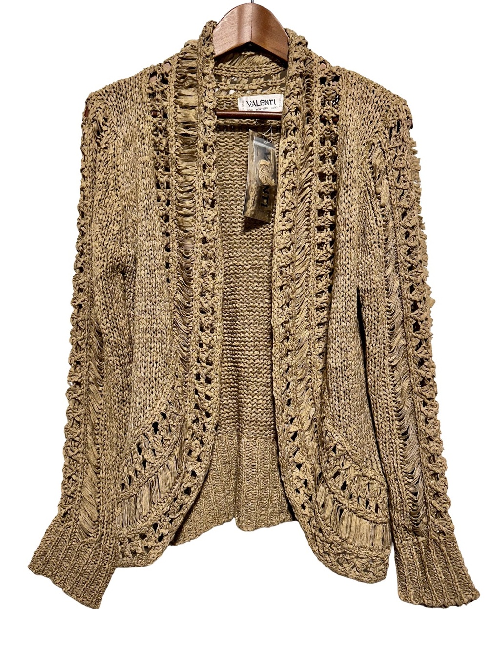 Valenti Franco Open Knit Fringe Cardigan Tan Boho Crochet NWT Size L